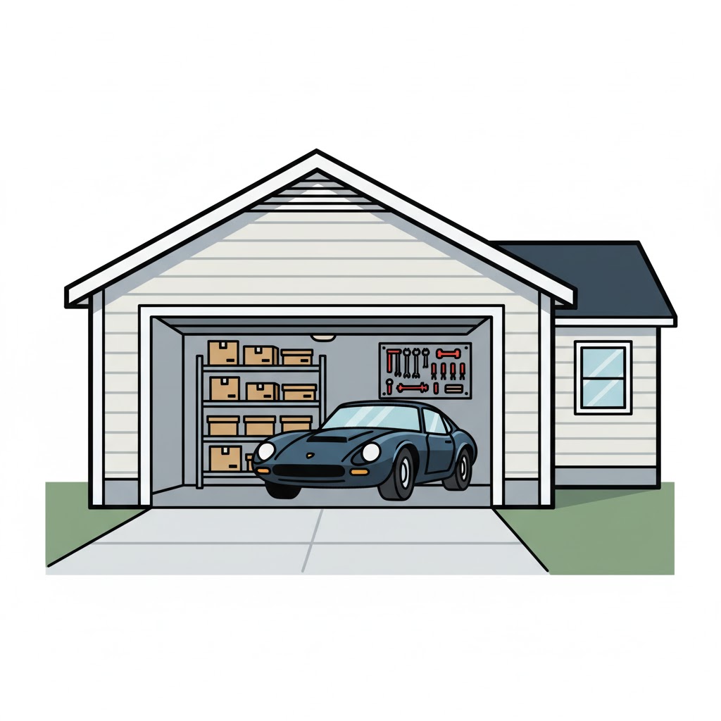 Wasatch Garage Revival organized garage with car, storage shelves, and neatly arranged tools — showcasing professional garage cleanout, junk removal, and home organization services in the Salt Lake City area.